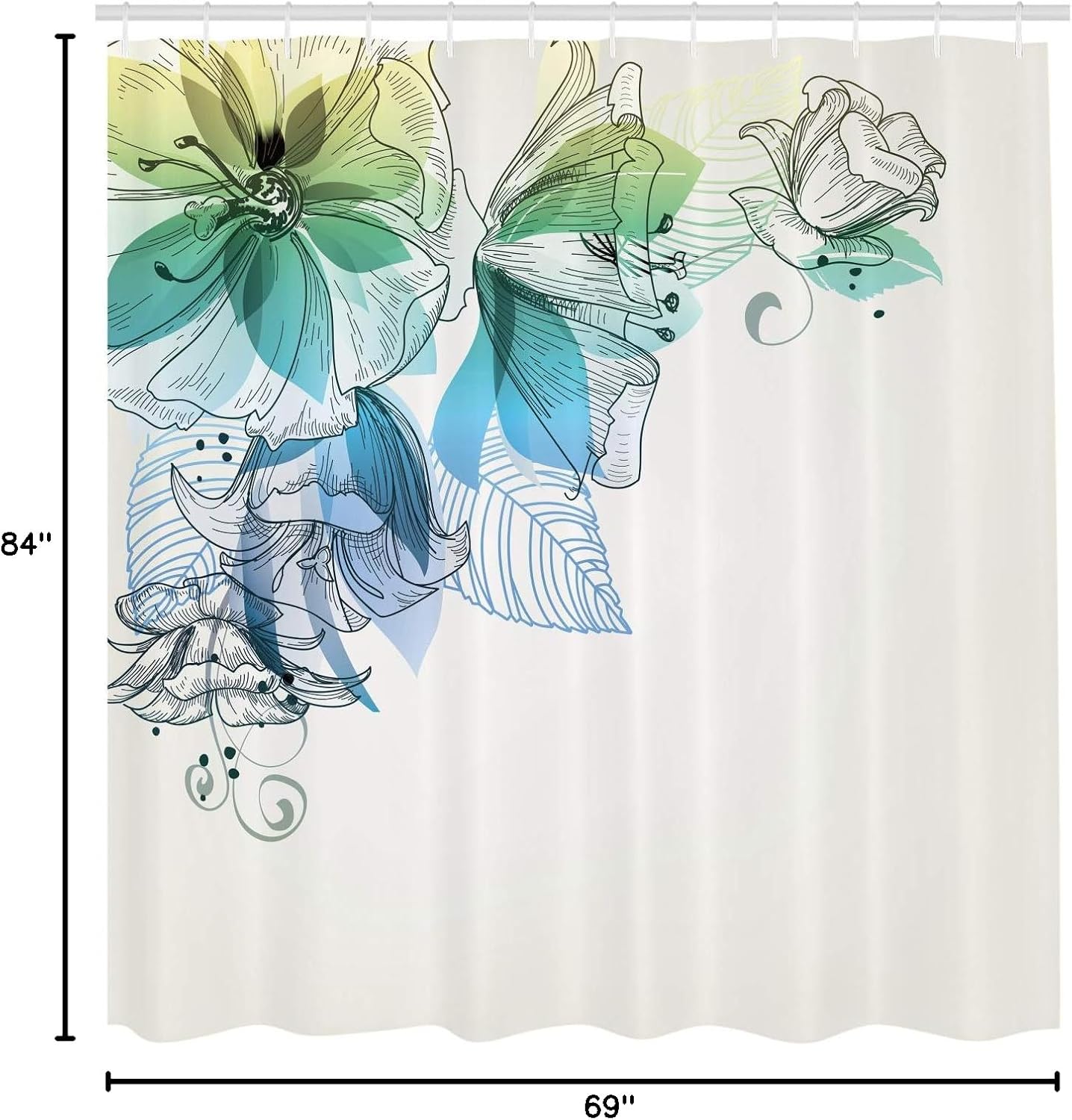 Ambesonne Flowers Shower Curtain, Buds Leaf at The top Left Corner Season Celebrating Theme Illustration, Cloth Fabric Bathroom Decor Set with Hooks, 69" W x 84" L, Green and Blue