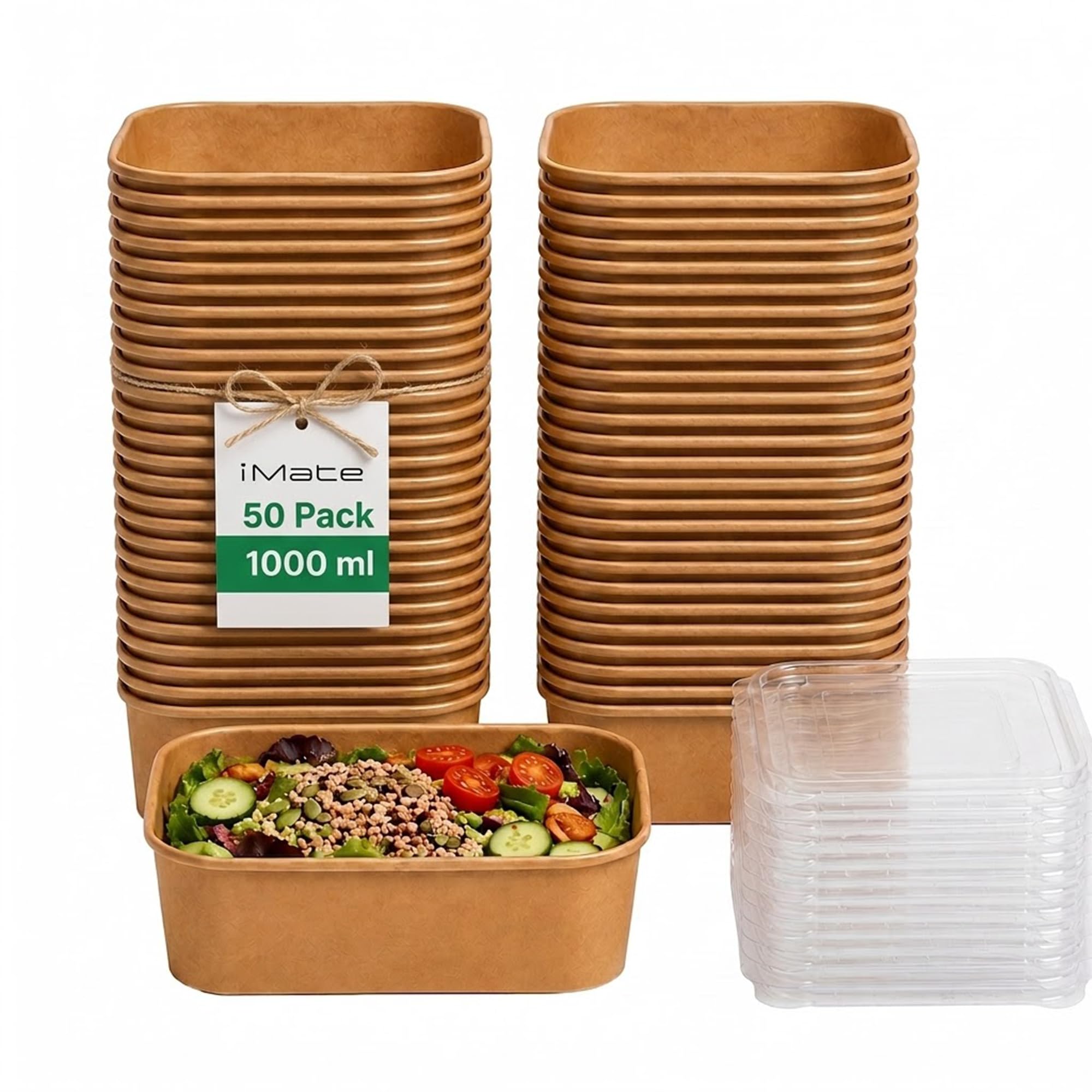 iMate 1000ml Disposable Kraft Food Containers 50 Pack Rectangular Takeaway Boxes with Plastic Lids - Leak Resistant Meal Prep Microwave and Freezer Safe - Stackable Storage for Catering and Home Use