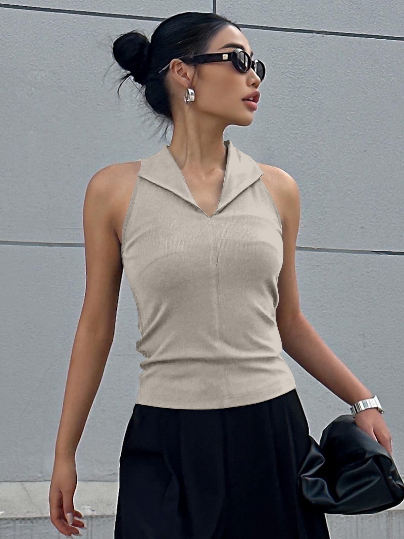 Sugathari Top da donna a costine con scollo all'americana, senza maniche, tinta unita, schiena scoperta, slim fit, in cotone, per abbigliamento casual, feste ed estate, gilet corto elasticizzato a