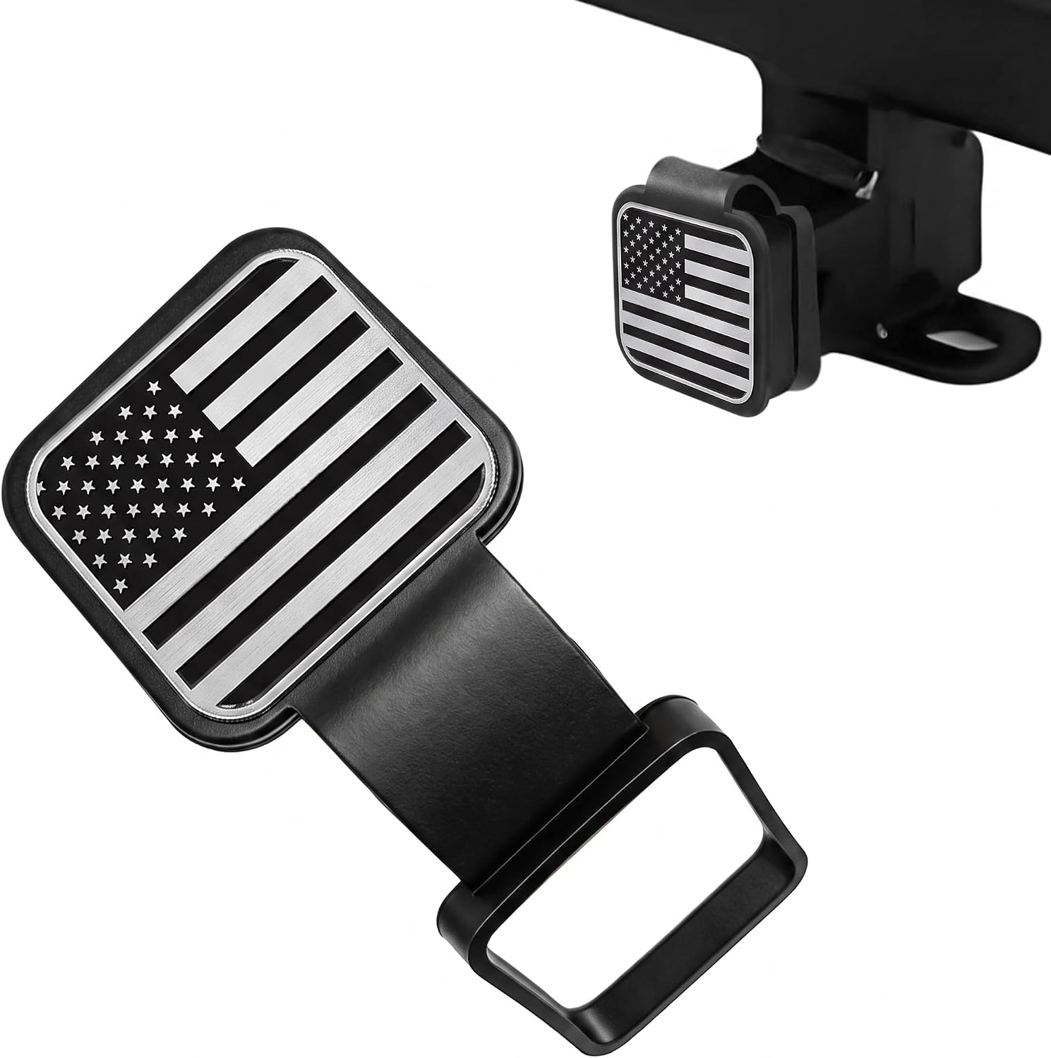 Automotive Universal Trailer Hitch Cover – Dust-Proof Plug, Square Mouth Protection Cover & Traction Cover, Universal Car Accessory for Most Cars and Trailers, with Flag Patterns, Silver