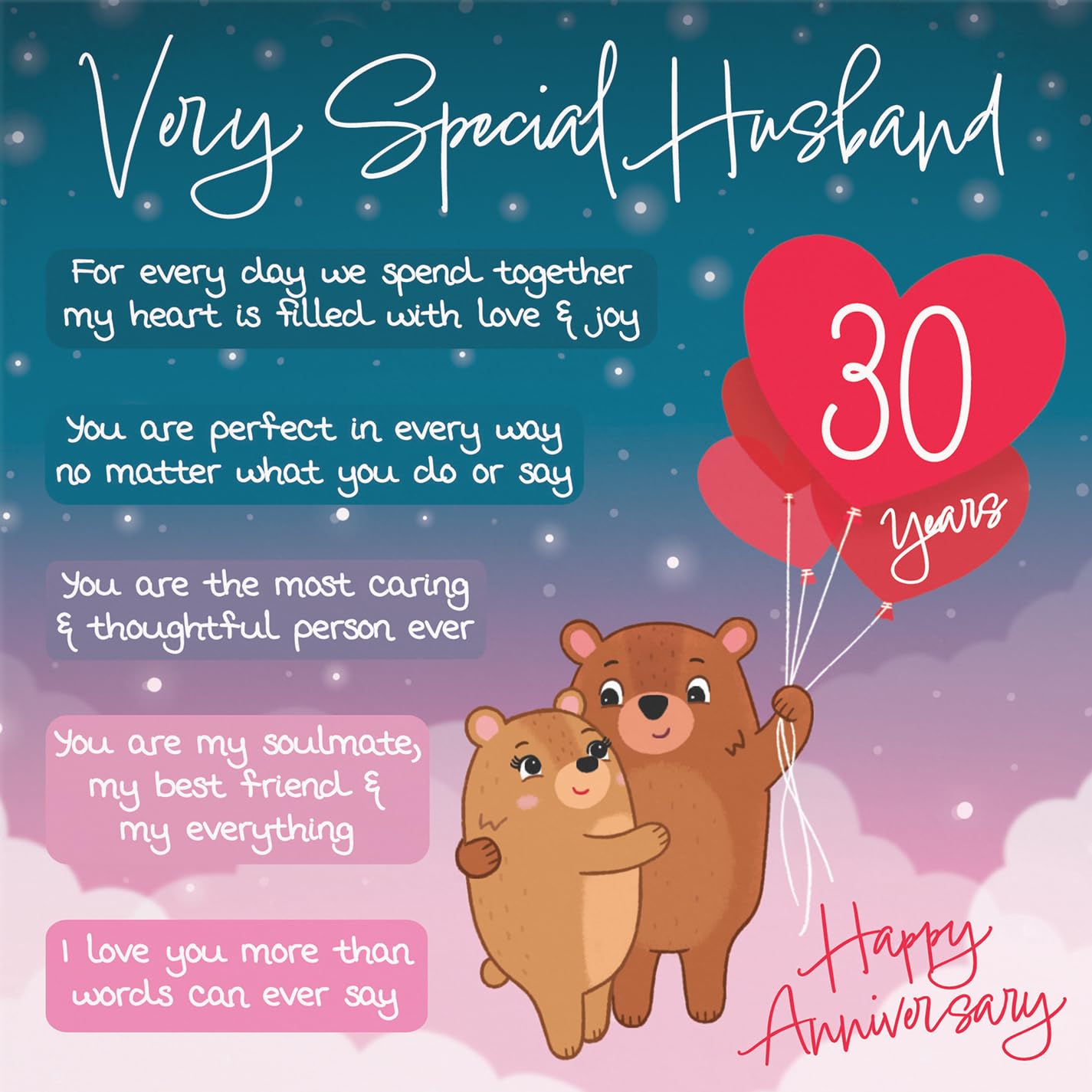 Hunts England - Starry Night 30th Anniversary Card for Husband - Cute Bears & Poem, 30th Husband, Standard (148 x 148 mm) - Image 2
