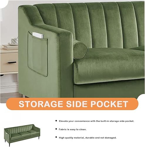 Miniatura 4 de Sofá Chesterfield de terciopelo de 3 plazas, 77 pulgadas, cómodo sofá tapizado de mediados de siglo con bolsillo lateral de almacenamiento para sala