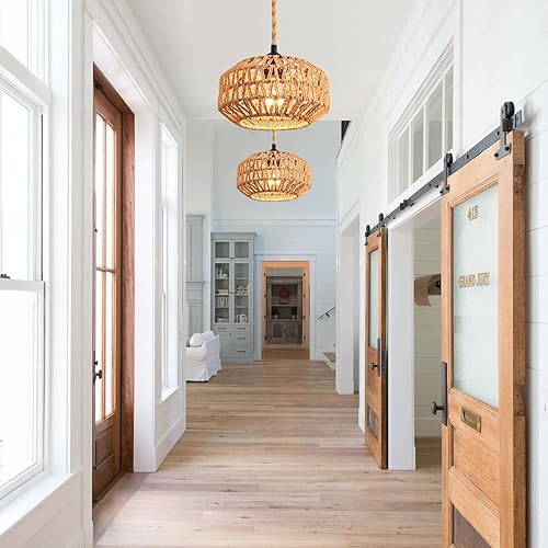 Miniatura 5 de Lámpara colgante enchufable de ratán con interruptor, mini lámpara de techo de ratán bohemio semiempotrada, accesorios de luz de pasillo tejidos a