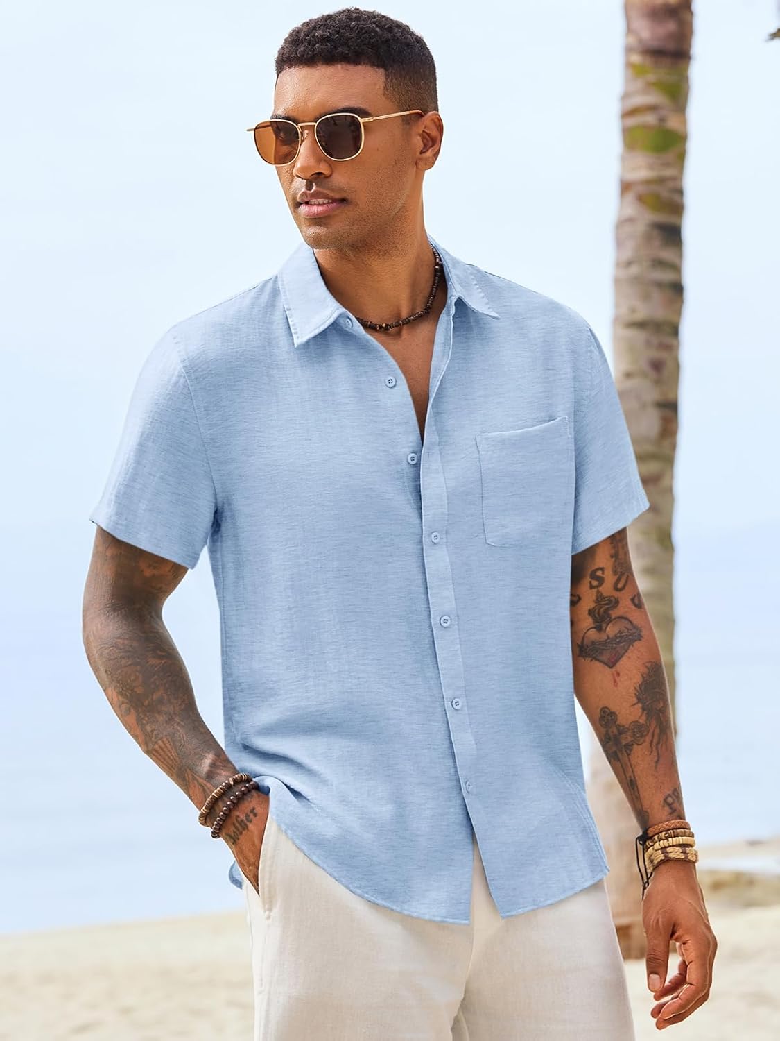 Runcati Mens Button Down Linen Shirt Short Sleeve Casual Vacation Shirts Summer Beach Wedding Tops with Pocket - Image 4