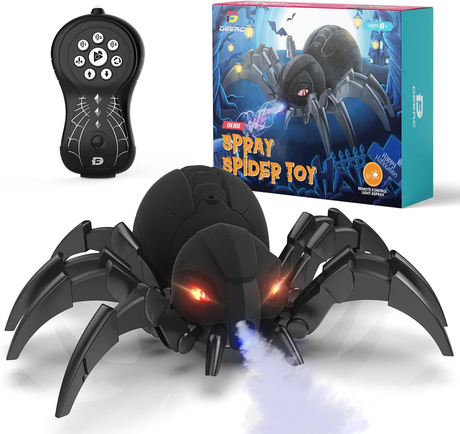 DEERC Remote Control Spider, Robot Spide with Spray and Lights, Black Widow Toy for Kids, for Halloween Xmas Birthday Party Joke Prank, Wireless RC Realistic Bot Moving Real Music Effect Tarantula