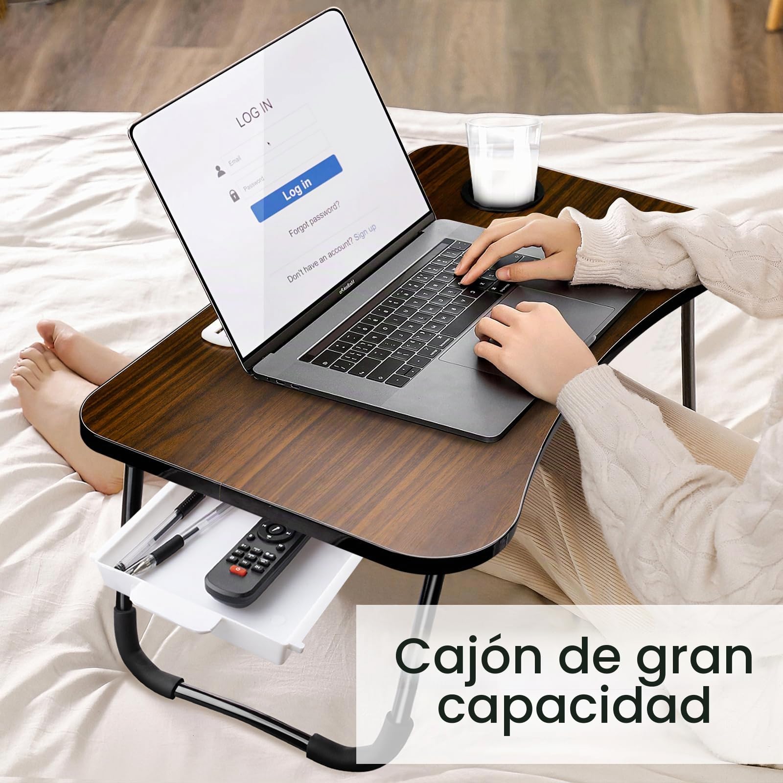 Mesa para Portatil Cama, Mesa Ordenador Plegable con 4 Puerto de Carga USB, Cajón, Ranura para Taza, Soporte para Tablet, Mesa para Cama, Sofa, Suelo (60x40cm, Marrón)