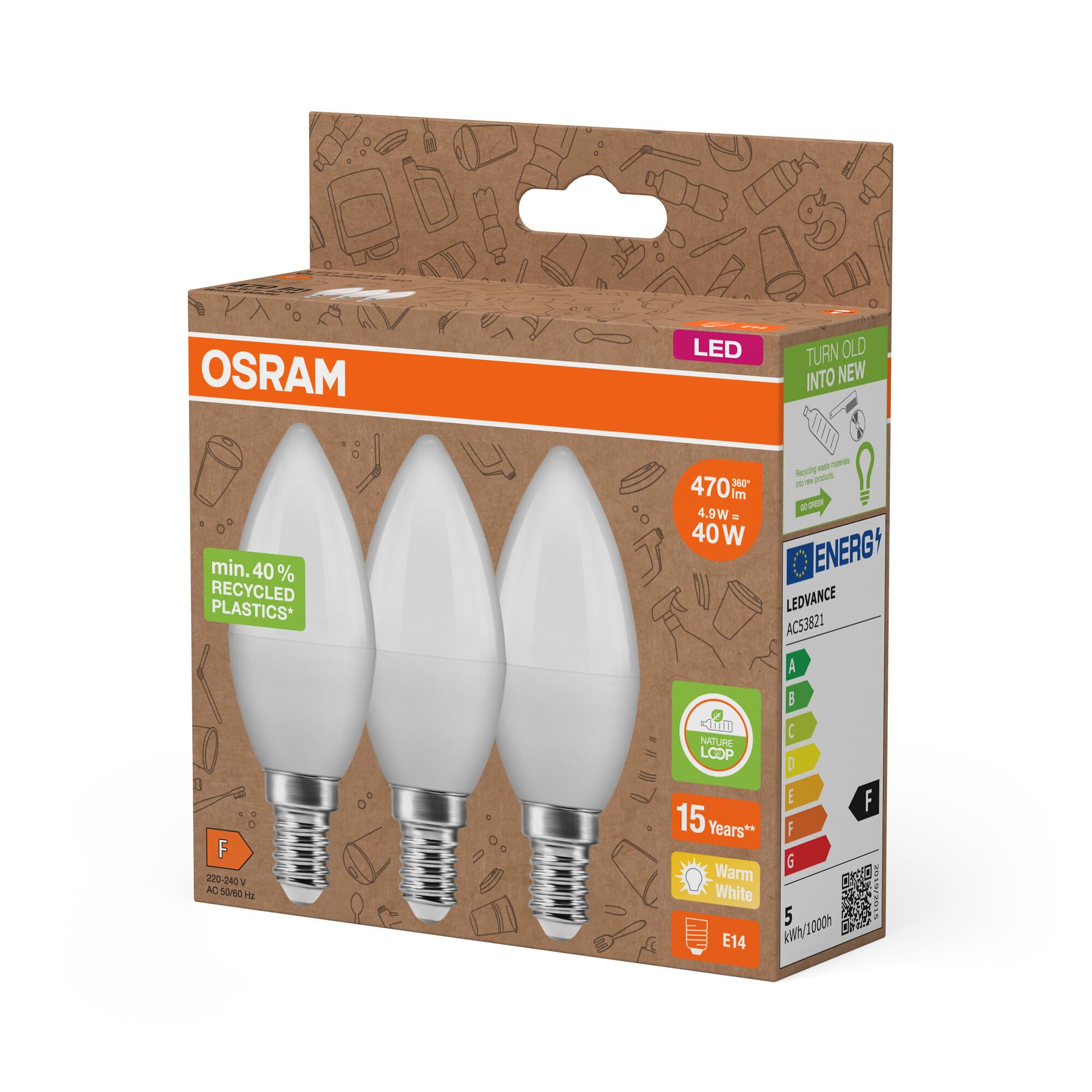 OSRAM NATURE LOOP - lámparas LED especialmente sostenibles hechas de plástico reciclado, paquete de 30 bombillas, reemplaza bombillas incandescentes tradicionales de 40W, forma de vela, E14