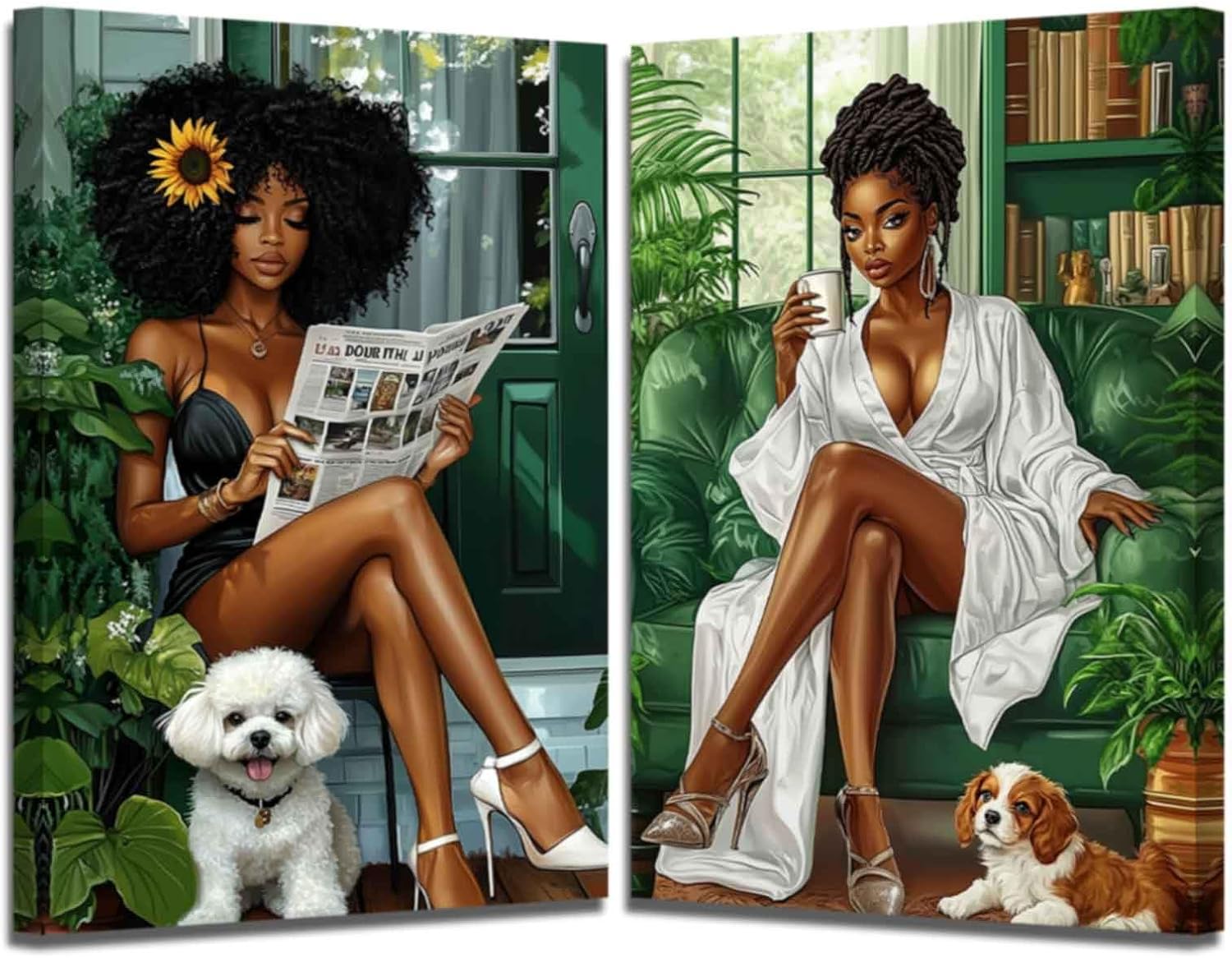 XLMDYYSW African American Wall Art Bathroom Decor 2 Piece Green Botanical Black Girl Pictures Black Woman Canvas Print Modern Artwork for Toilet Home Framed (12.00" x 16.00" x 2PCS)