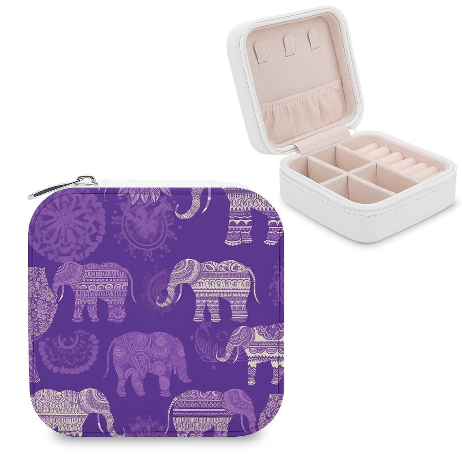 VstaDank Purple Elephant Travel Jewelry Case Zipper Portable Small Jewelry Box Custom Pu Leather Mini Traveling Jewelry Organizer for Rings Earrings Necklace Bracelet Girls Women