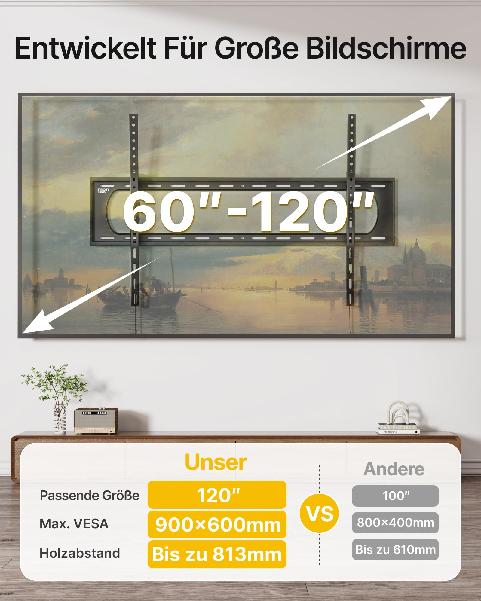 monTEK Soporte de pared inclinable para TV de 60 a 120 pulgadas hasta 136 kg, máx. VESA 900 x 600 | VESA 50x50 hasta VESA 900x600 - Soporte de pared universal para televisores (80 mm, capacidad de alto rendimiento)