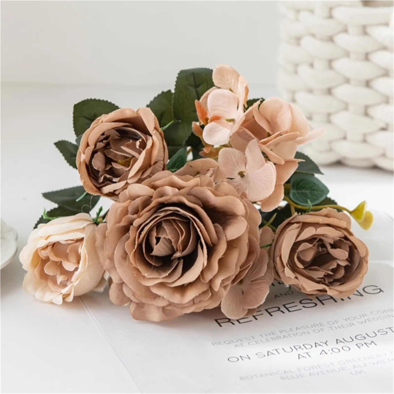 WHMWT 1/4pcs Artificial Flowers Silk Rose Bouquet Hydrangea Peony Bridal Holding Fake Plants Home Room Wedding Decoration Diy Gift Box(Dark Khaki,4Pack)