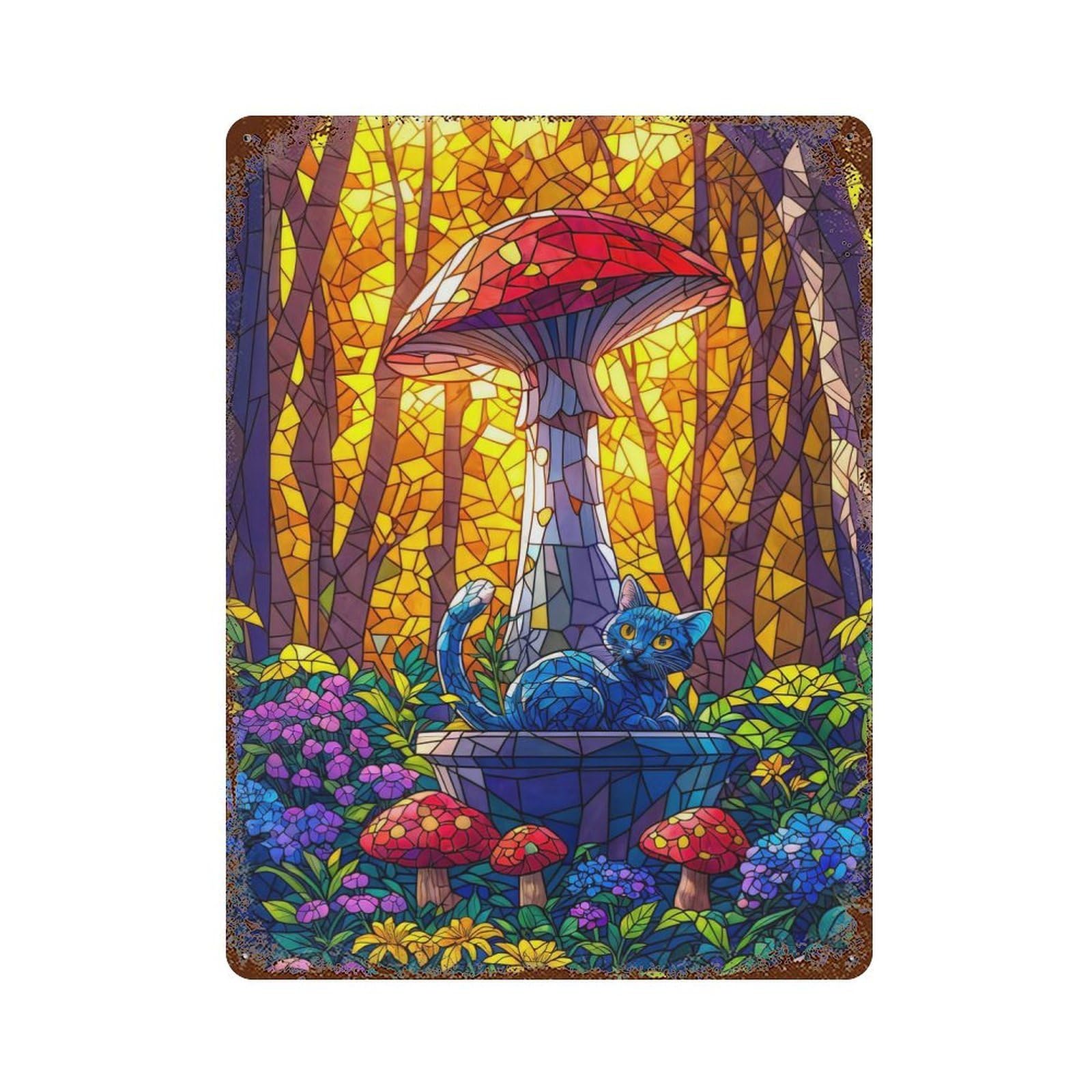 Cat in Mushroom Forest Decorative Tin Sign 15.7"x11.8", for Farmhouse, Kitchen And Entryway Decor, Vintage Wall Decor