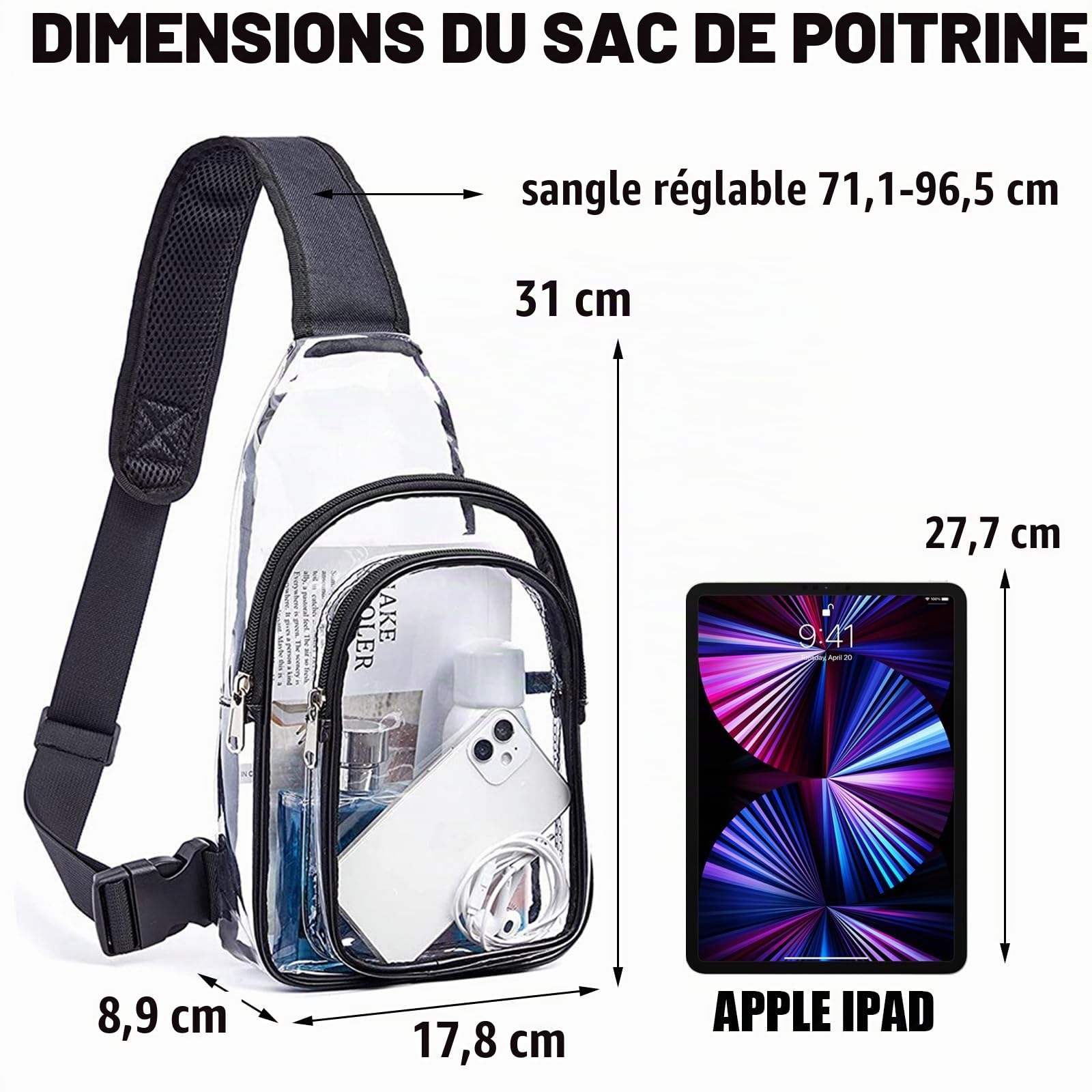 TYXHXTF Sac à Bandoulière, Sac de Poitrine Transparent, Imperméable Sacoche, Femme Décontracté Sacs à Dos, pour Les Festivals de Musique Stade Voyage Plage