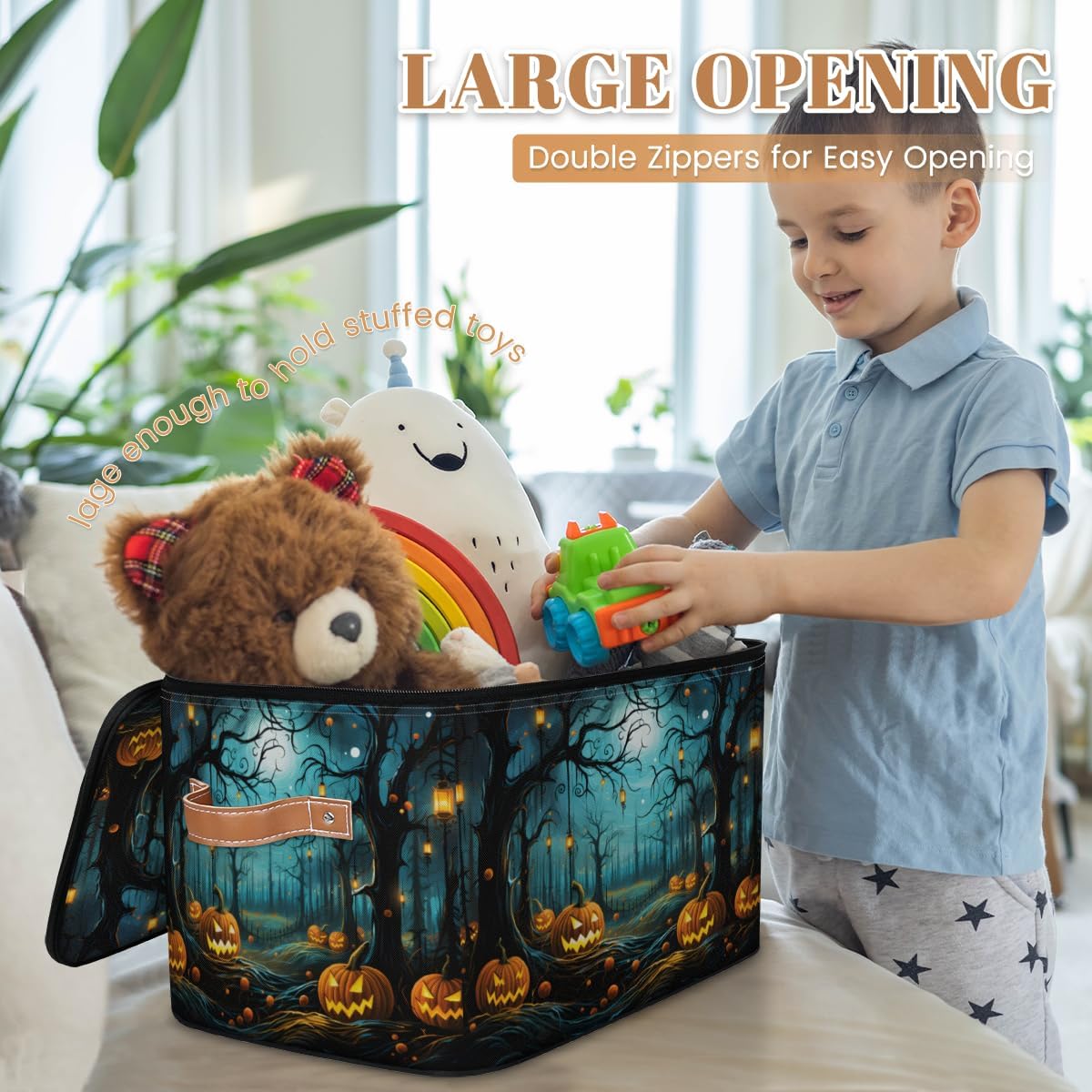 Storage Bin Set of 2 Forest Halloween Pumpkin Storage Basket with Zipper Lid & Handle Foldable Closet Shelf 2 Pack Cloth Organizer Basket Cube Bins Clothes Organizer for Bedroom, Nursery