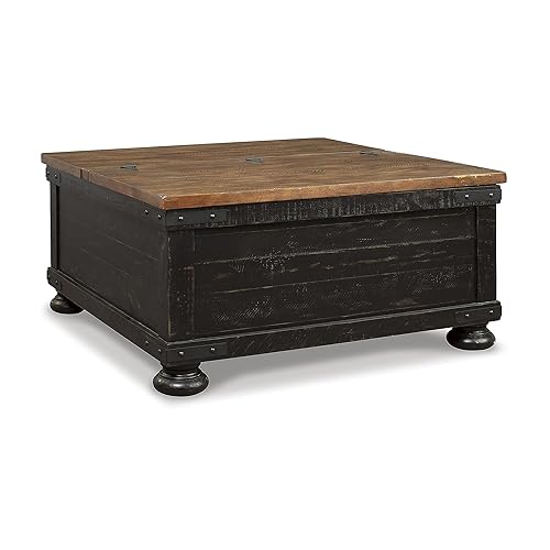 Signature Design by Ashley Valebeck Lift Top Coffee Table, Storage, Split-top Design, Wood, 36" W x 36" D x 18" H, 2-tone Distressed Brown & Black Finish - Black