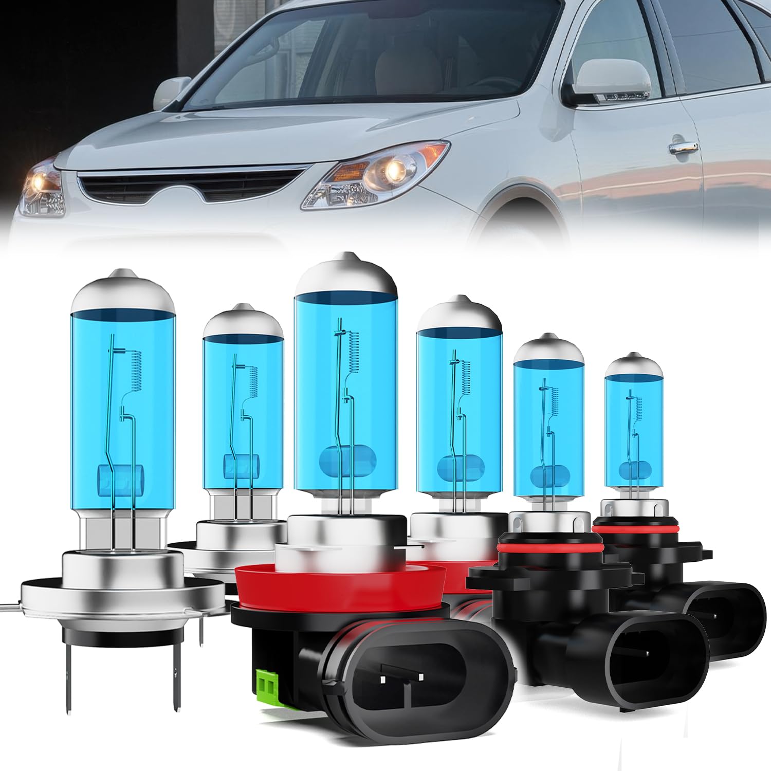 Headlight Bulbs Compatible With Hyundai Veracruz 2007-2012, H7 High Beam + H11 Low Beam + 9006 Fog Lights Halogen Light Bulb Combo, Super Bright 6000K White, Plug and Play, Pack of 6
