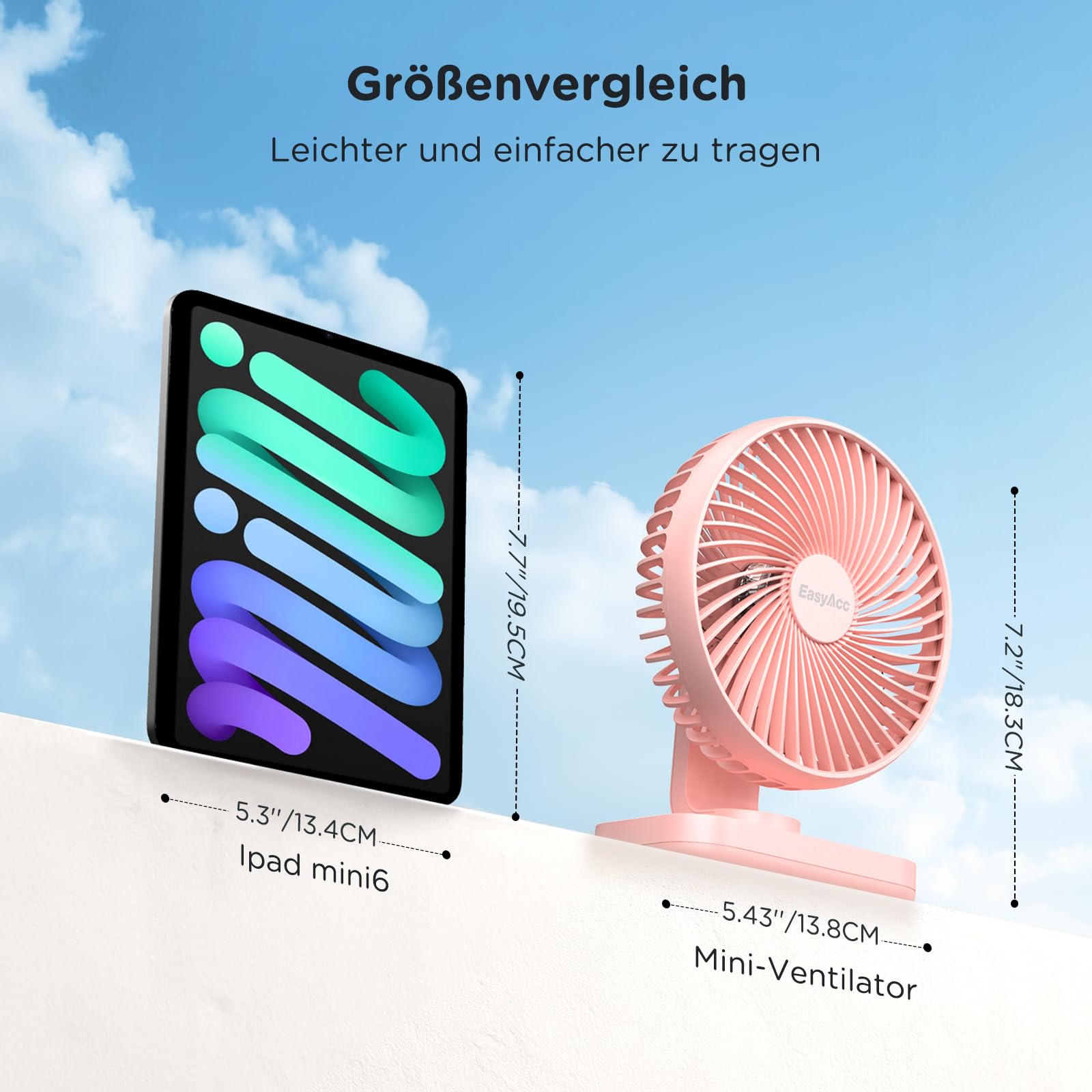 EasyAcc Tischventilator, 4000 Akku Batterie Klein USB Ventilator, Tragbarer Aufladbar Basis Ventilatoren mit 4 Geschwindigkeiten für Camp,Büro, Bibliothek und Zuhause - Rosa