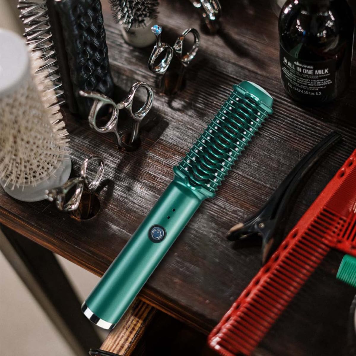 Plancha de Pelo Portátil Temperatura Ajustable y Peine Combinado para Peinar y Alisar, Rizador de Cabello para Viajes Batería de 2600mah y Carcasa de Abs Verde