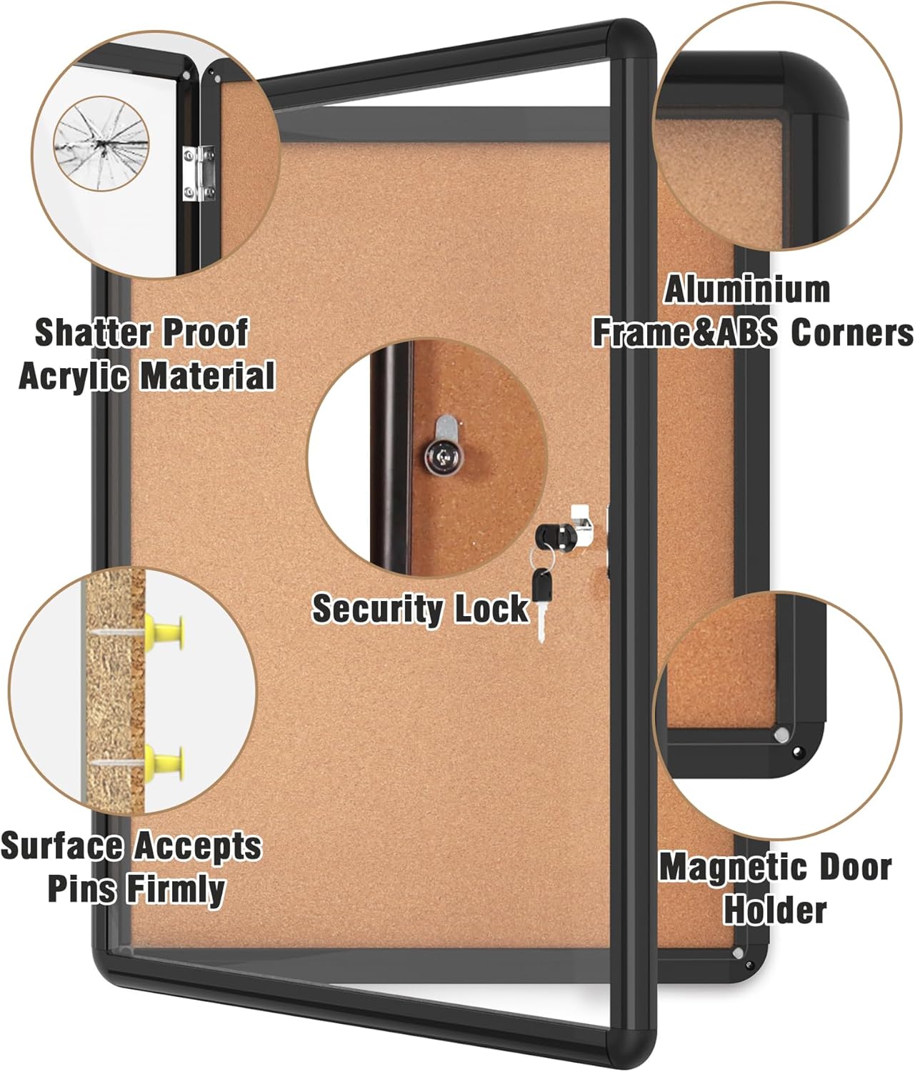 Mifuro 26"x20" Enclosed Bulletin Board, Lockable Weather-Resistant Aluminum Cork Noticeboard for School & Office, Black Frame w/Cork