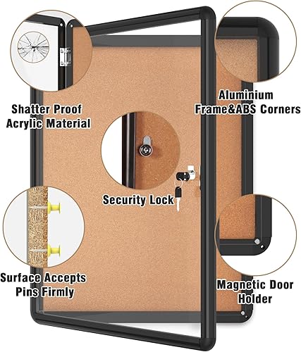 Miniatura 3 de Mifuro Tablero de anuncios cerrado de 26" x 20" con cerradura, tablero de corcho de aluminio resistente a la intemperie para escuela y oficina,