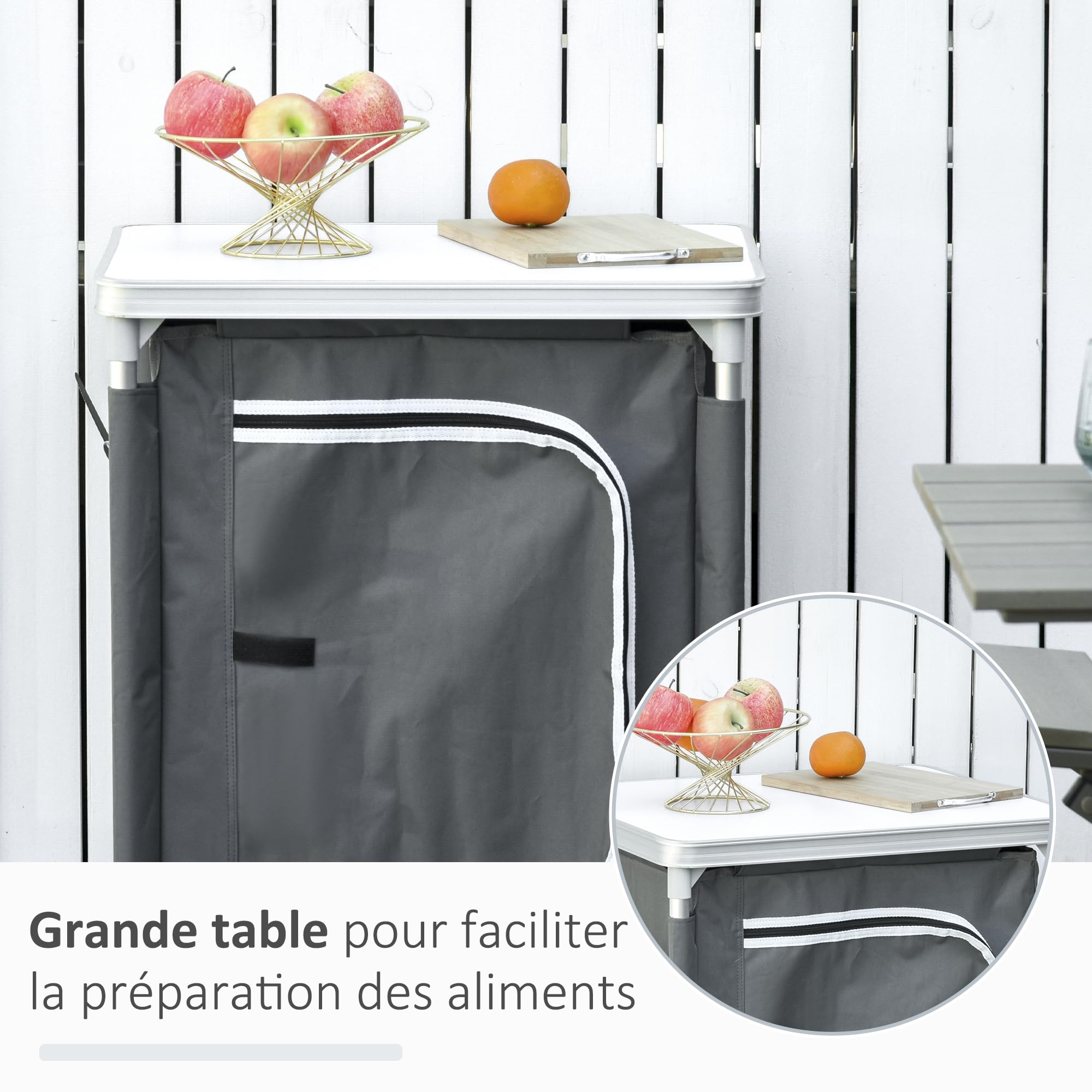Outsunny Cuisine de Camping, Meuble de Camping avec étagères, Sac de Transport Inclus, Structure en Aluminium, pour Accessoires Cuisine, Aliments, 60 x 50 x 104,5 cm, Gris