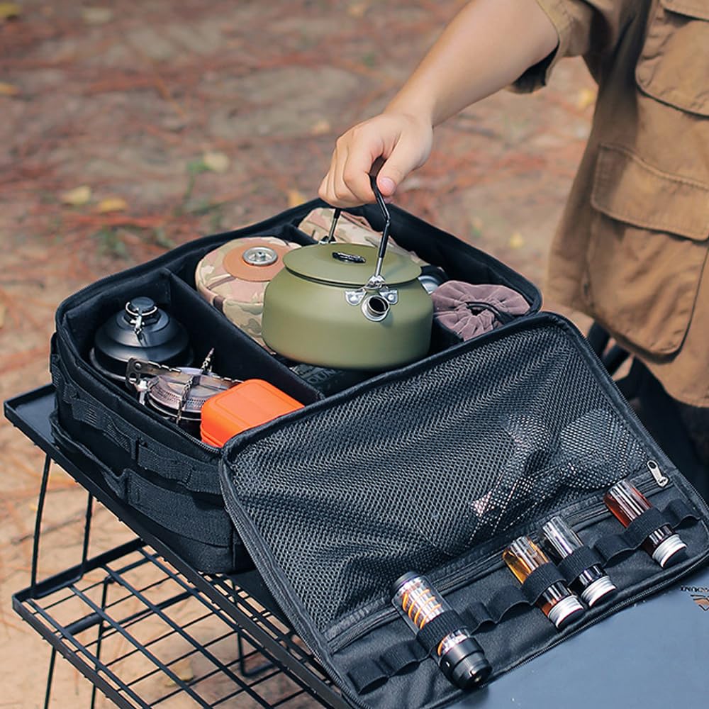 Fyearfly Bolsa de almacenamiento de utensilios de cocina al aire libre de gran capacidad, organizador portátil de picnic para barbacoa, paño Oxford multifuncional para condimentos de camping