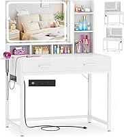 Cyclysio 36'' Makeup Vanity Desk with LED Mirror Lights, Power Strip, 2 Drawers & Shelves - White Dressing Table for Bedroom
