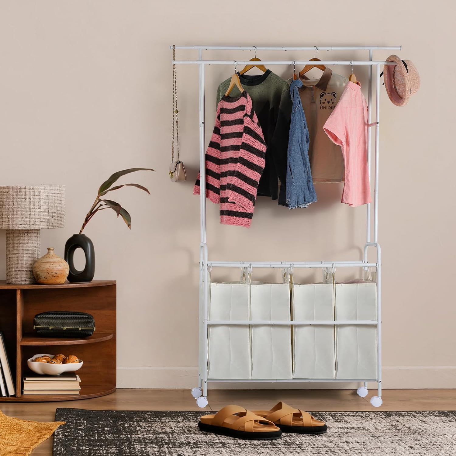 Laundry Sorter 4 Sections,Laundry Basket Organizer with Double Hanging Bars,Laundry Sorter Cart with Hanging Clothes Rack for Laundry Room for Bedroom Laundry Room Clothing Storage, White