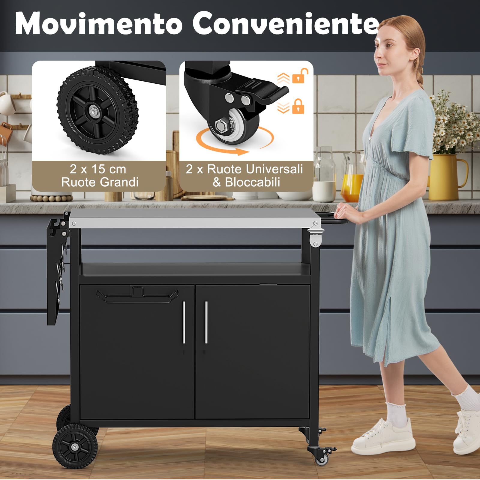 COSTWAY Carrello per Barbecue con 3 Ripiani e 2 Ante, Carrello da Cucina in Acciaio Inox e Ruote, Carrello Porta Griglia Multiuso con Tavolo Pieghevole e 6 Ganci, 127 x 50 x 84 cm
