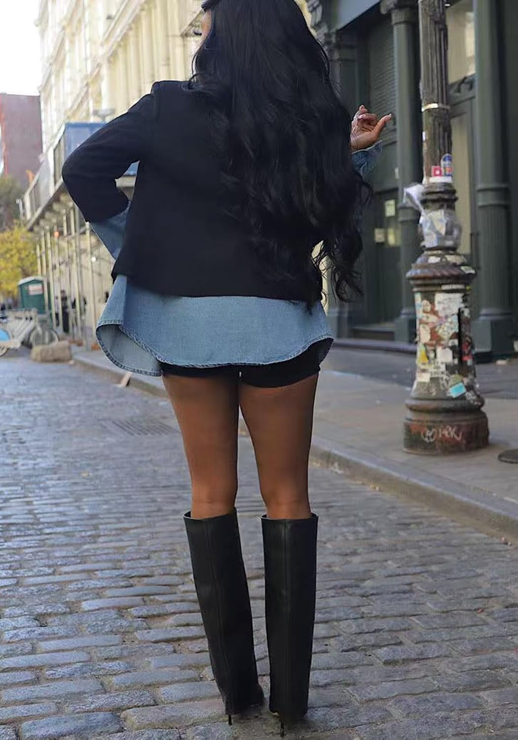 Women's Casual Blazers Fall Trendy Lapel Collar Denim Patchwork Long Seelves Slim Fit Work Office Suit Jacket