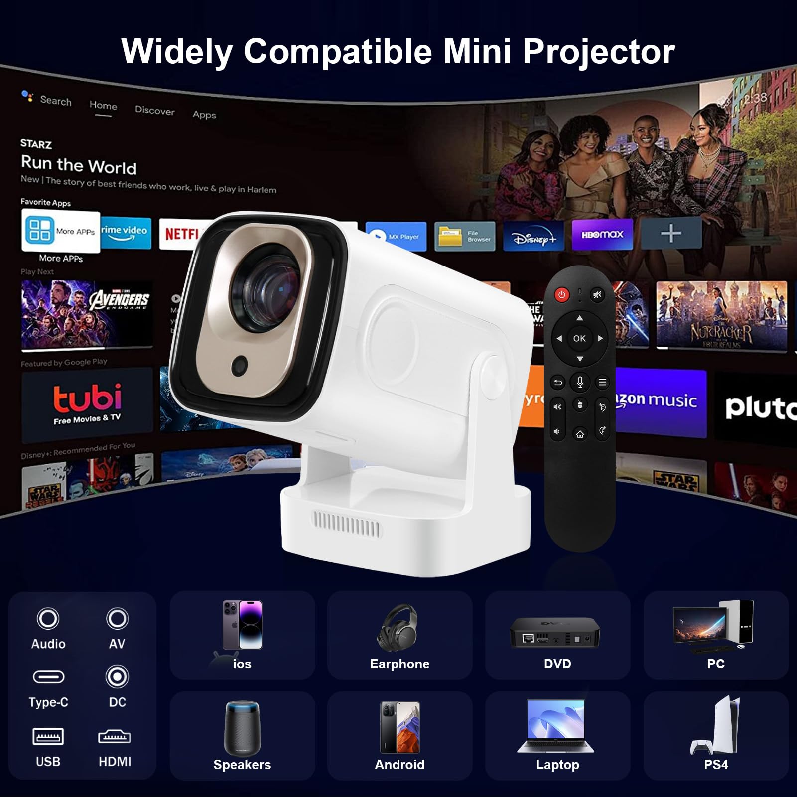 DCHAV Proiettore wireless portatile con supporto regolabile a 180° - decodifica video 4K, sistema Android, correzione trapezoidale automatica, home cinema all'aperto, compatibile con telefono e laptop