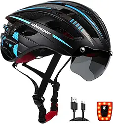 Capacete de bicicleta Shinmax para homens/mulheres, capacete de bicicleta adulto certificado CPSC & CE com luz de carregamento USB e óculos magnéticos destacáveis para viseira e bolsa de transporte com capacete de proteção UV para ciclismo, BlackBlueTitanium