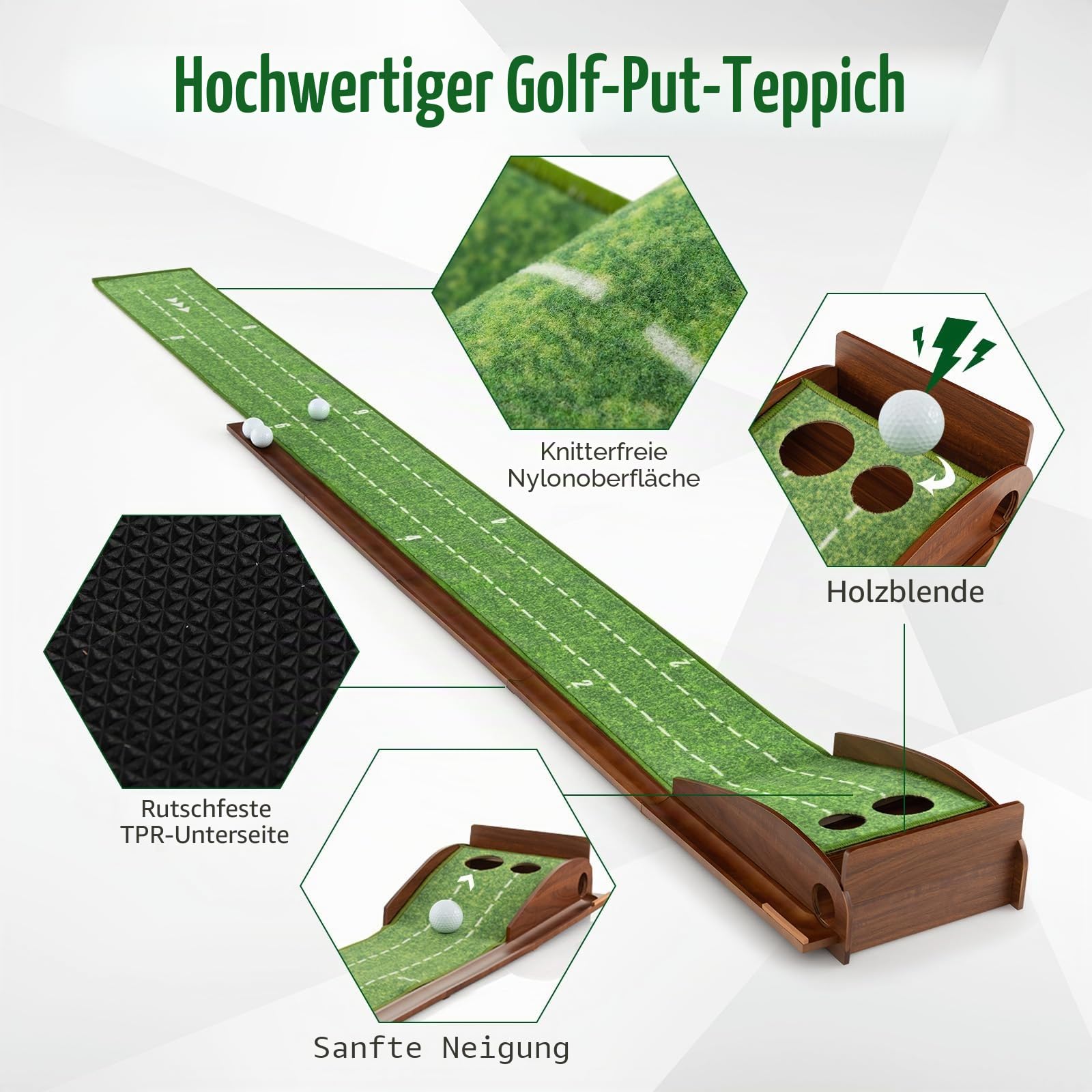 LIFEZEAL Golf Putting Matte, Golfmatte mit Löchern, Tragbarer Golf Übungsmatte mit automatischer Rückkehr, Golfübungsgeräte Golf Matte für den Innenbereich & Außenbereich