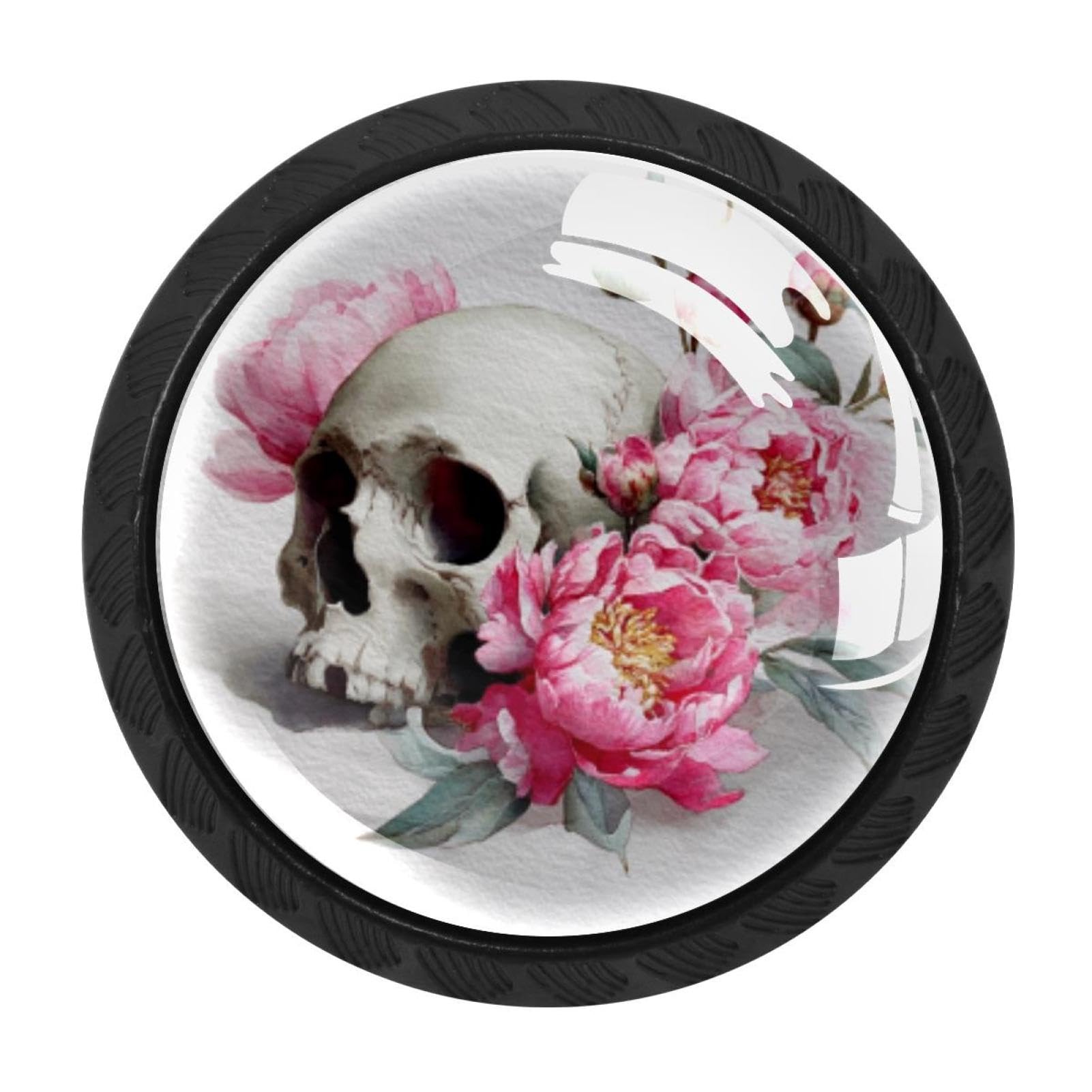 CHENZZZZ 4 Pack Watercolor Skull and Peonies Flowers (11) Dresser Drawer Cabinet Knobs Round Crystal Glass Knobs Pulls Handles for Kitchen Wardrobe Cupboard Door Hardware