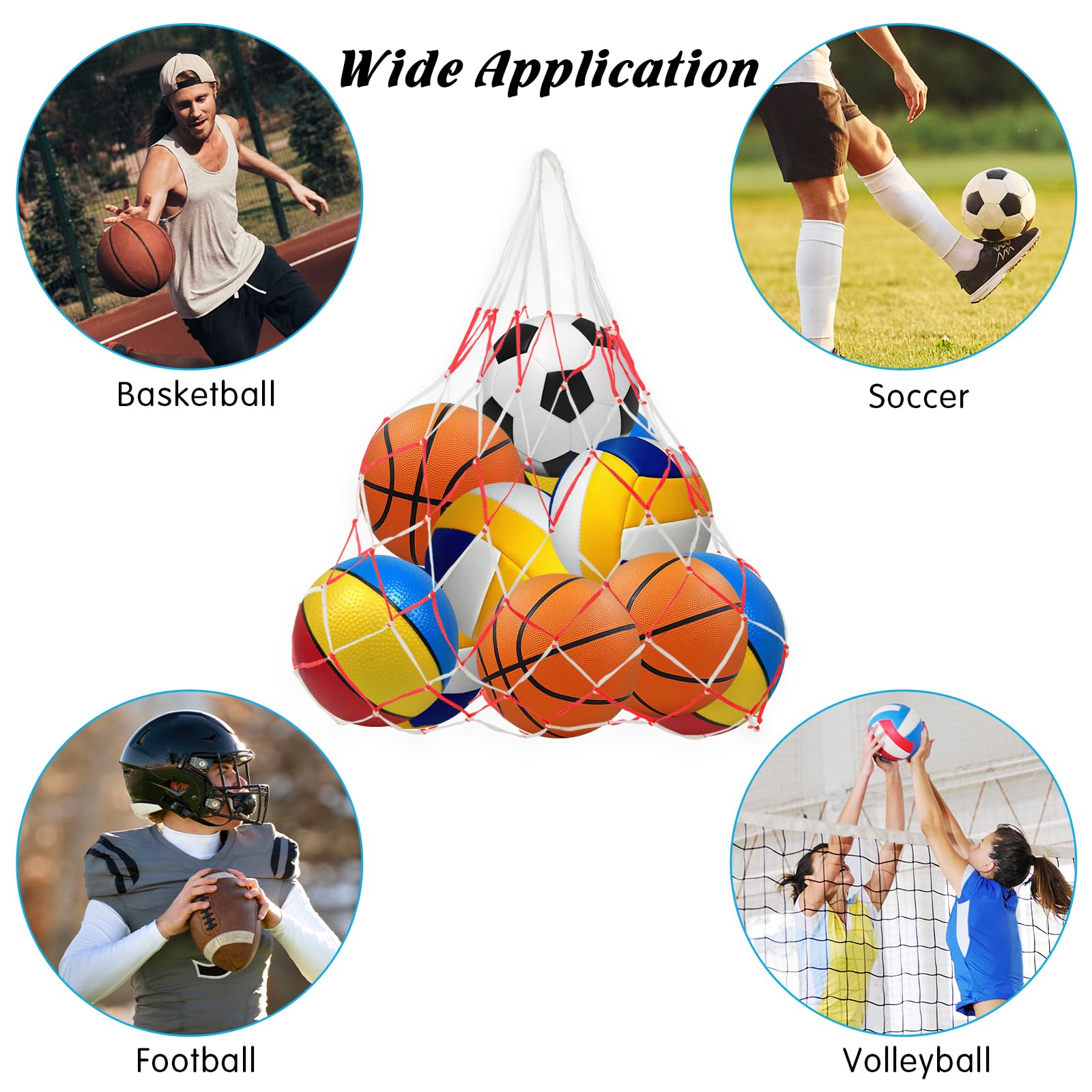 Vegena 4 x balnet, groot voor 10-15 ballen, baltas, draagbaar net, nylon, nettas voor voetbal, basketbal, volleybal, rugby, handbal