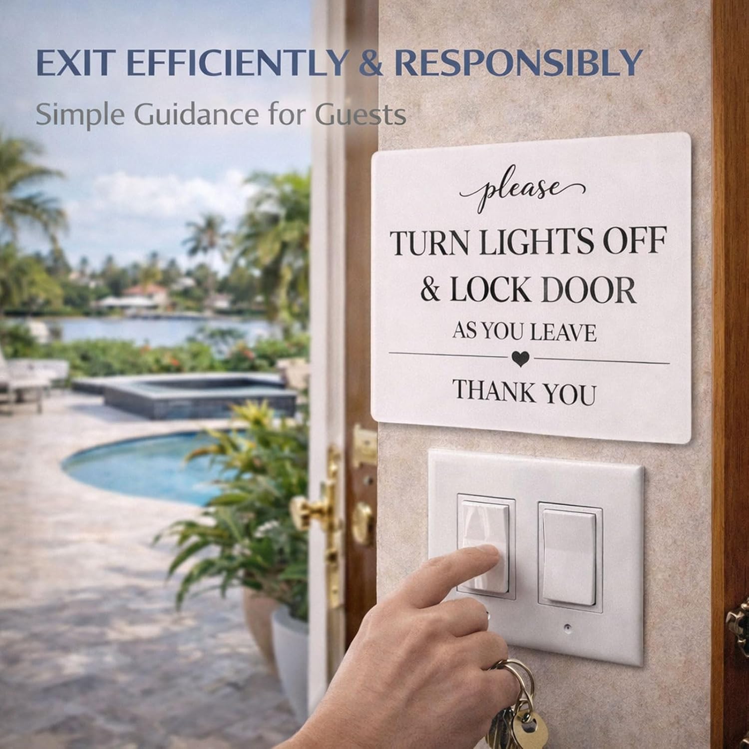 Turn Lights Off Sign: Modern Acrylic Lock Door Reminder 1 Pc, 7"x5" Waterproof Self-Adhesive for Hotel Guesthouse Wall, Office Business School Energy Saving Notice Plaque Decor