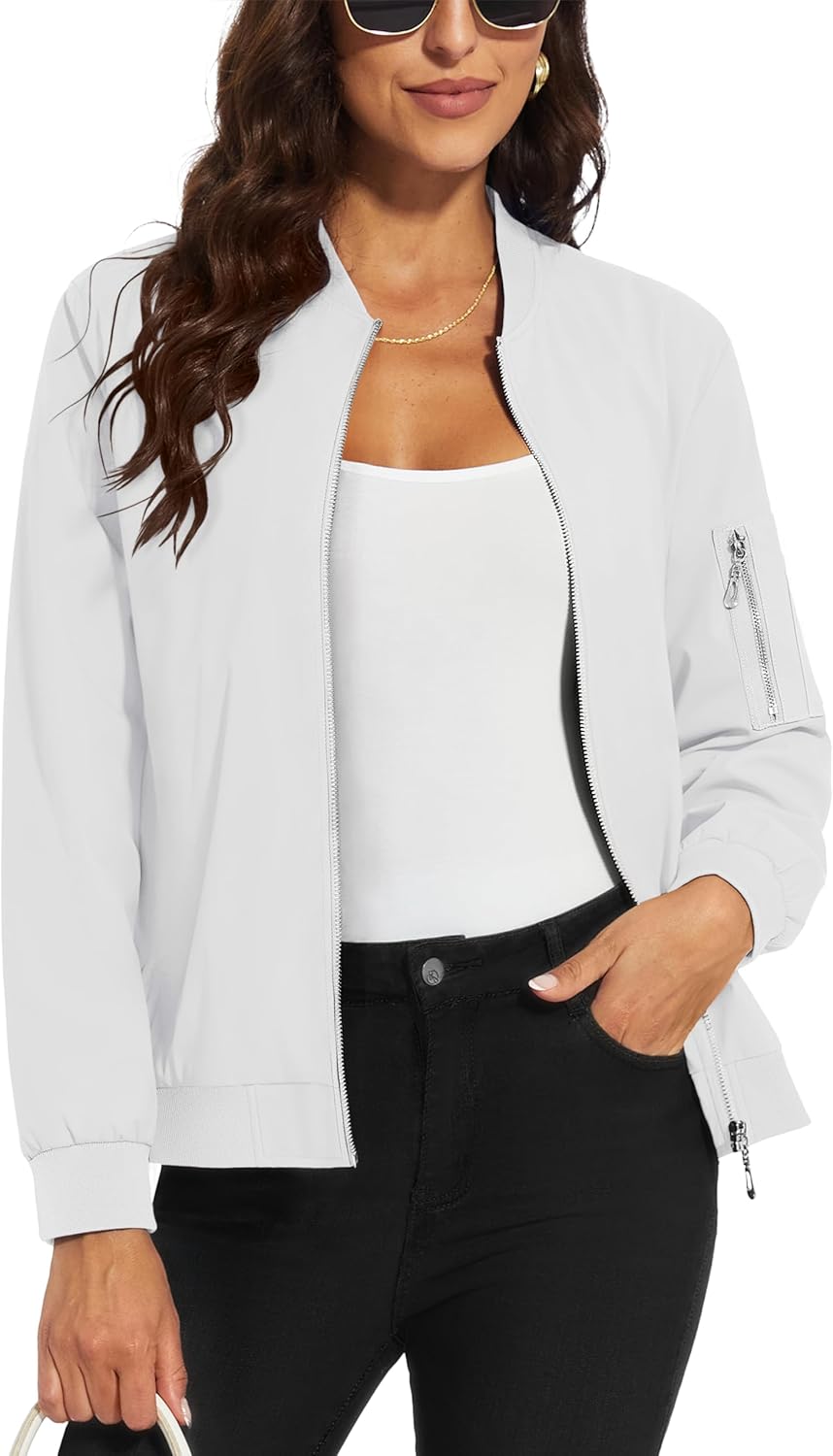 MAGCOMSEN Women’s Jacket Lightweight Bomber Jackets 5 Pockets Windbreaker Zip-up Casual Moto Outwear