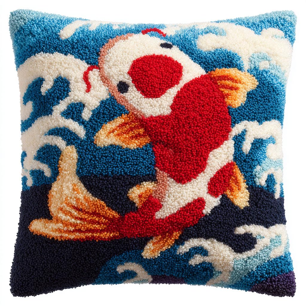 Taxpy Latch Hook Pillow Kits, Cartoon Fish Pillowcase with Preprinted Throw Pillow Crochet Yarns Knitted Latch Hooking Cushion for Home Sofa 17x17inch
