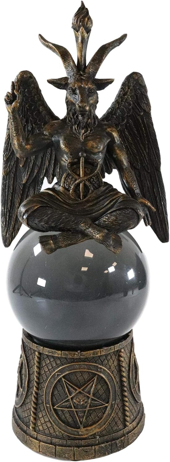 Ebros Sabbatic Goat of Mendes Samael Lilith Baphomet Sitting On Black Sandstorm Gazing Ball with Pentagram Sigils Decorative Statue 12" Tall LaVeyan Scrying Balls Accent