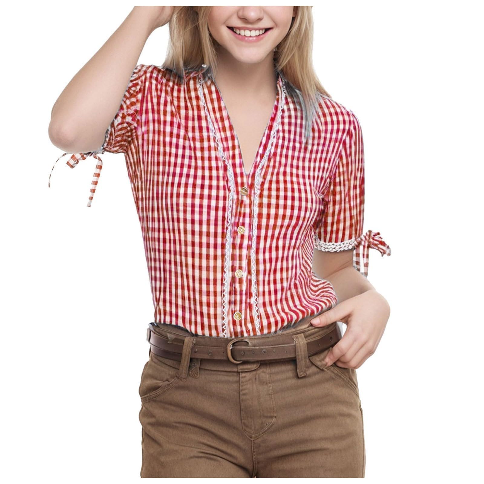 Trachtenbluse Damen Kariertes V-Ausschnitt Dirndl Bluse Damen Oktoberfest Bluse Bierfest Dirndlbluse Weiß Trachtenblusen Sommerbluse Bluse Kurzarm Sommertop Rundhals-Ausschnitt Tshirt Oberteile