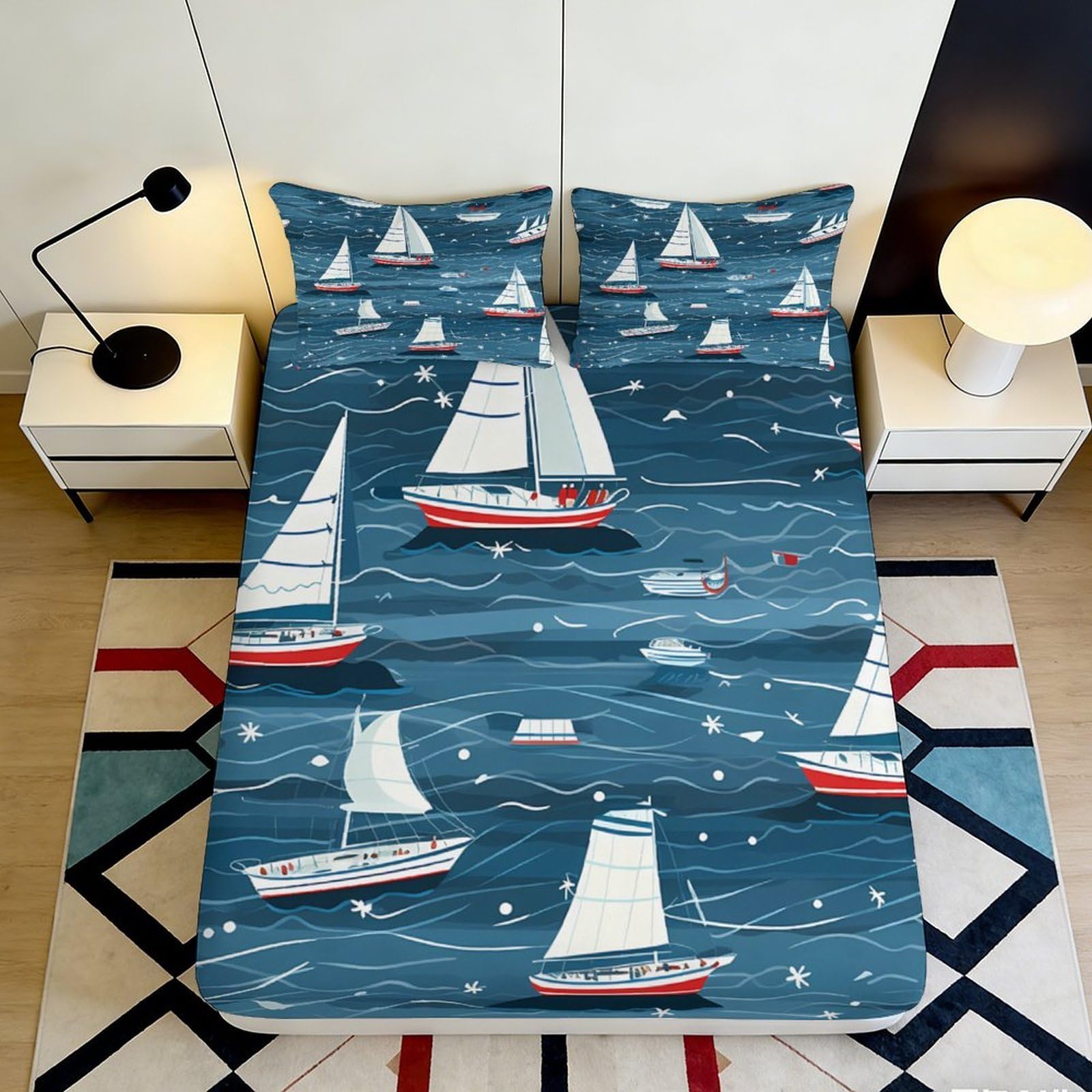 3D Printed Nautical Sailboat Fitted Sheet Microfiber Blue Ocean Mattress Cover Non-Slip Washable for Bedroom Guest Room 180x200x25cm