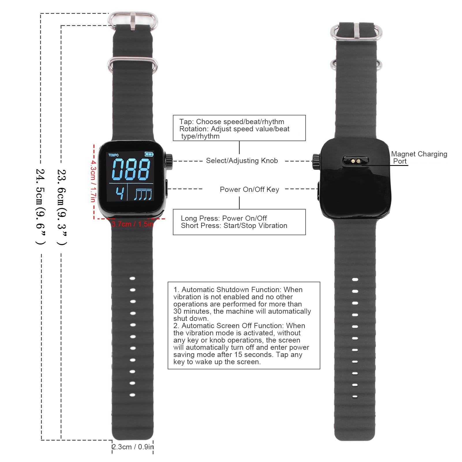 Montre Métronome Vibrante, Métronome électronique Portable pour la Pratique Musicale, la Course à Pied et le Sport, avec Contrôle par Application pour la Pratique Musicale,