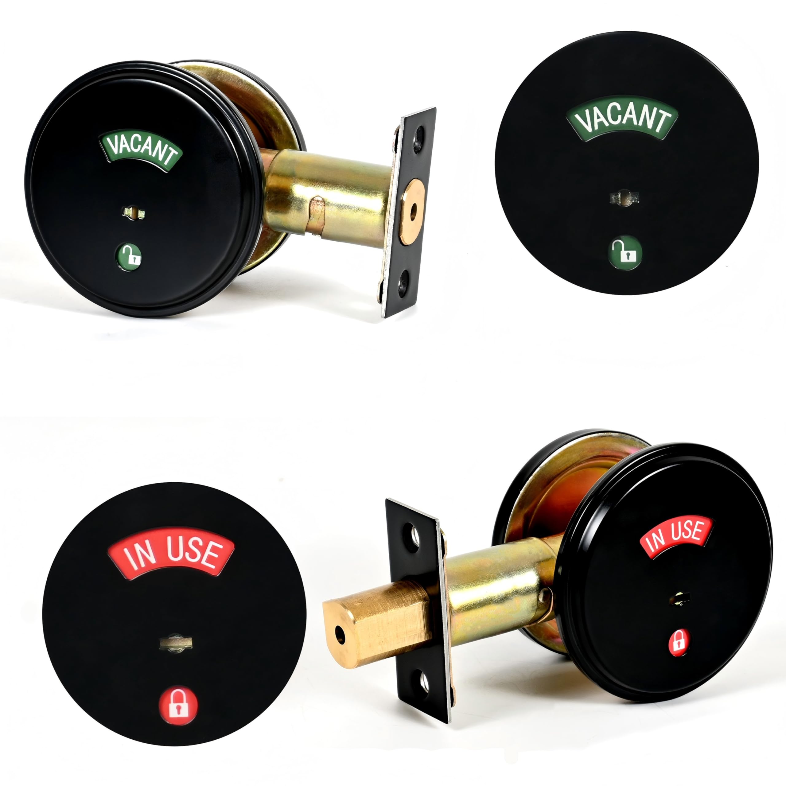 Cerrojo de seguridad de acero inoxidable con indicador negro mate, cerradura de puerta de privacidad de grado comercial, 2 60/70 mm, respaldo transparente en uso o vacío para baños públicos
