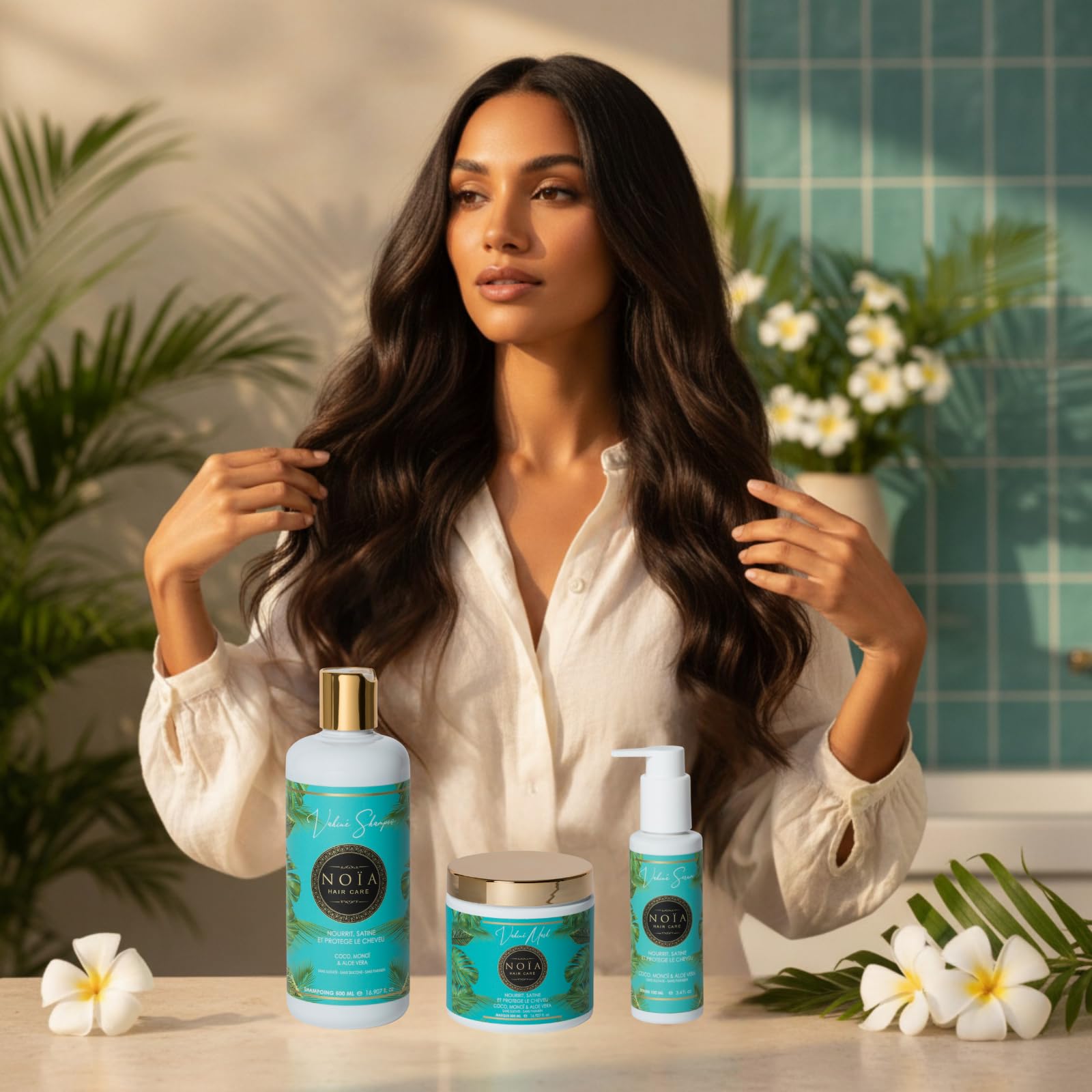 NOÏA HAIR – Trio Capillaire Professionnel VAHINÉ – Shampoing, Masque & Sérum – Nutrition & Hydratation – Monoï – Cheveux Secs, Ternes ou Déshydratés