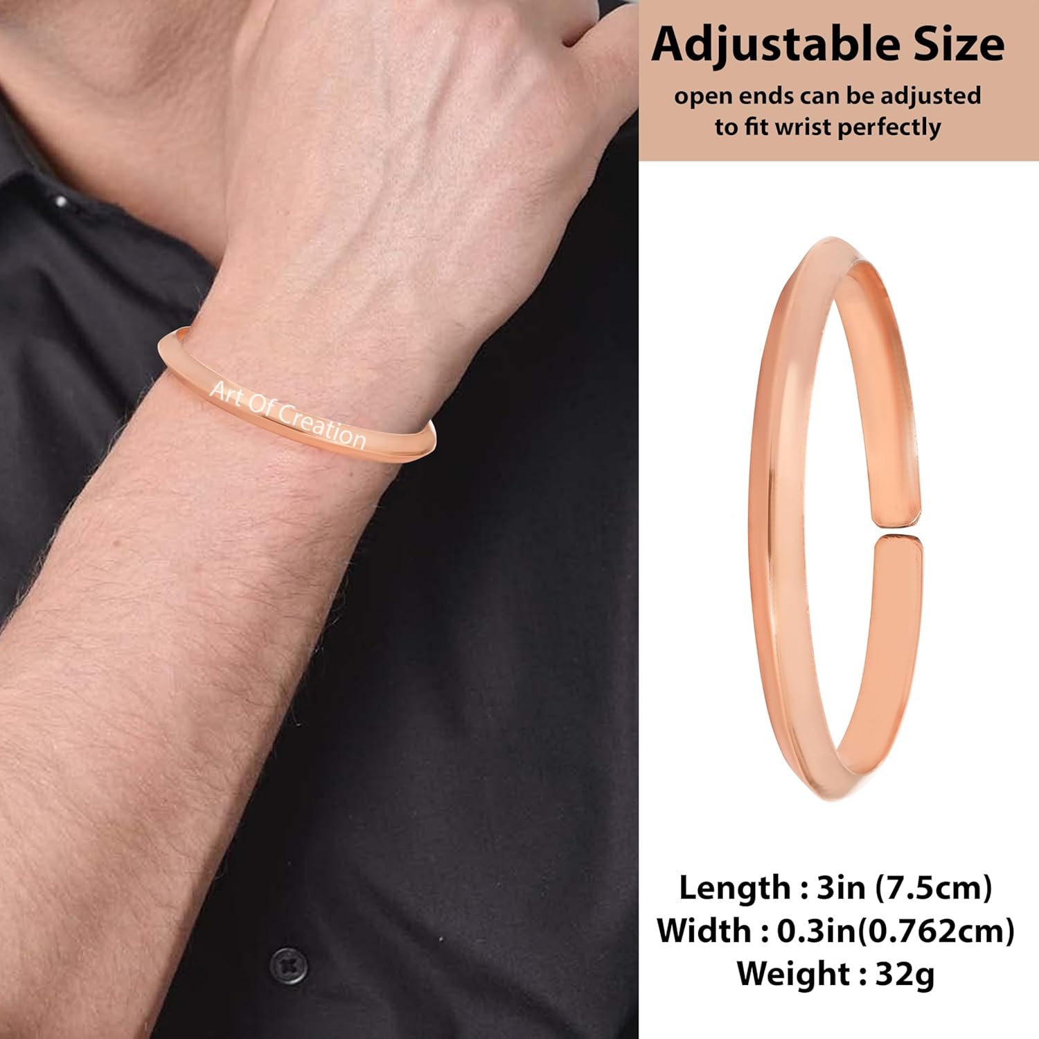 Art Of Creation Pure Copper Solid Bracelet handmade Cuff for Men and Women Plain Bangle Adjustable Kada For Unisex - Image 5