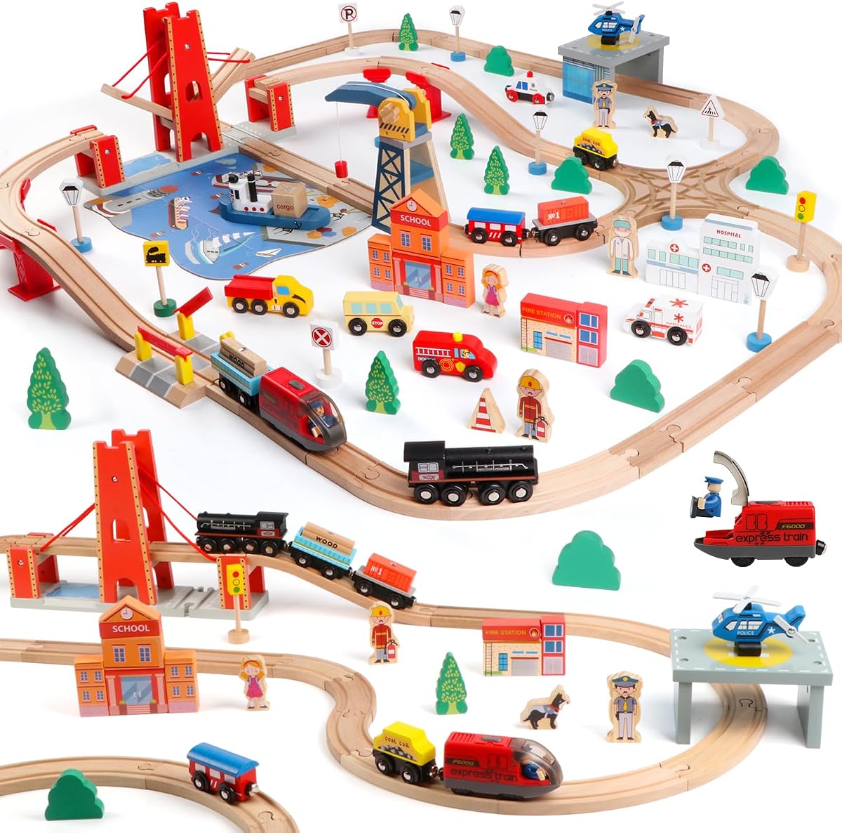 121PCS Wooden Train Set with Storage Bag - Busy Port City Wooden Train Track Set Toy for Kids Ages 3+, Compatible with Major Brands, Great Birthday Railway Playset Gift for Boys & Girls