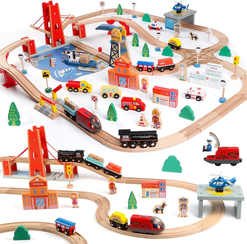 121PCS Wooden Train Set with Storage Bag - Busy Port City Wooden Train Track Set Toy for Kids Ages 3+, Compatible with Major Brands, Great Birthday Railway Playset Gift for Boys & Girls