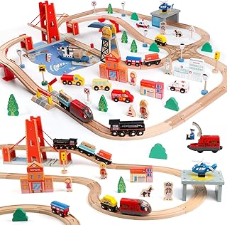 Qilay 121PCS Wooden Train Set with Storage Bag - Busy Port City Wooden Train Track Set Toy for Kids Ages 3+, Compatible with Major Brands, Great Birthday Railway Playset Gift for Boys & Girls