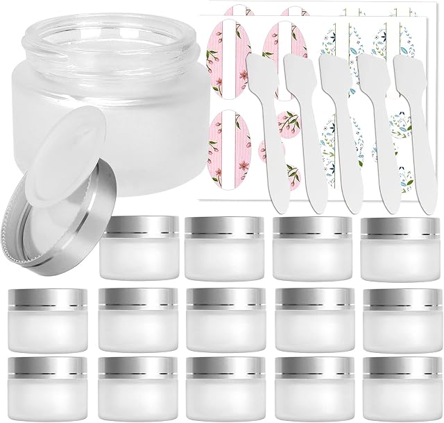15 Pack, 1 oz 30ml Frosted Glass Jars with Silver Lids & Inner Liners, Empty Matte Clear Round Refillable Cosmetic Containers Travel Jars for Cosmetics, Body Butter,Scrubs,Face Cream Lotion and More