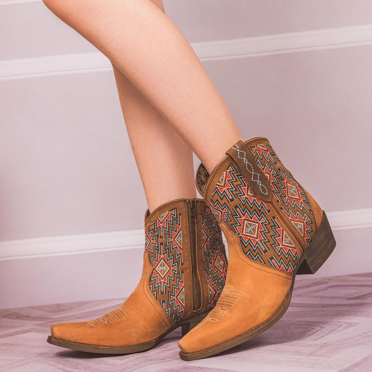 Montana West Cowboy Boots for Women Genuine Leather Ankle Cowgirl Booties Low Chunky Heel Pointed Toe Short Western Boots